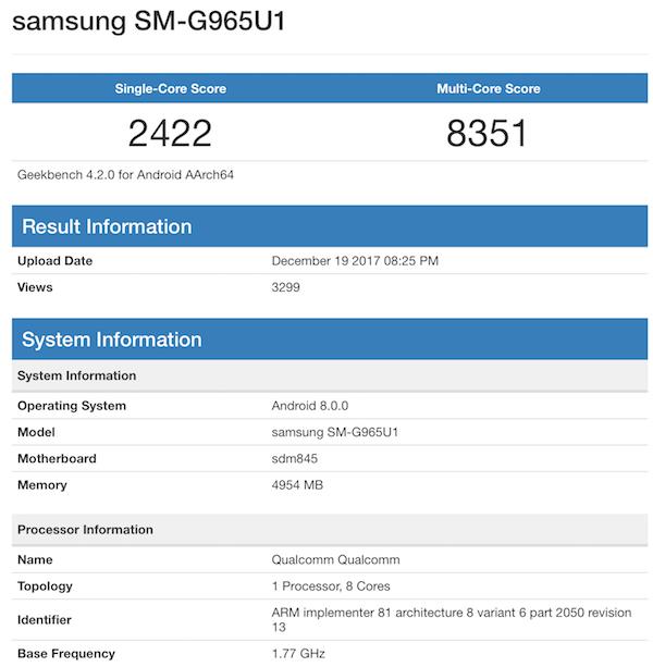 Samsung S9 Snapdragon 845 geekbench benchmark score